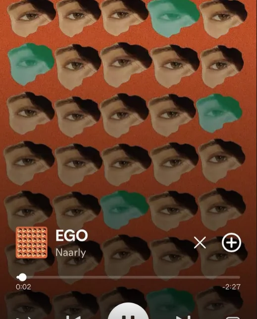 Spotify's Now Playing screen shared in an Instagram story, playing EGO by Naarly