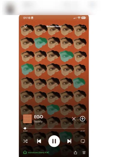 Spotify's Now Playing screen shared in a post on X, playing EGO by Naarly