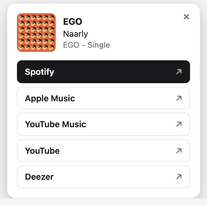 The extension's result card for EGO by Naarly, with links to Spotify, Apple Music, YouTube Music, YouTube and Deezer